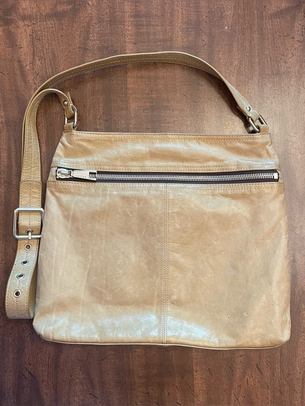 HOBO Tan Beige Leather Crossbody Bag - Silver Hardware - Colorful Interior